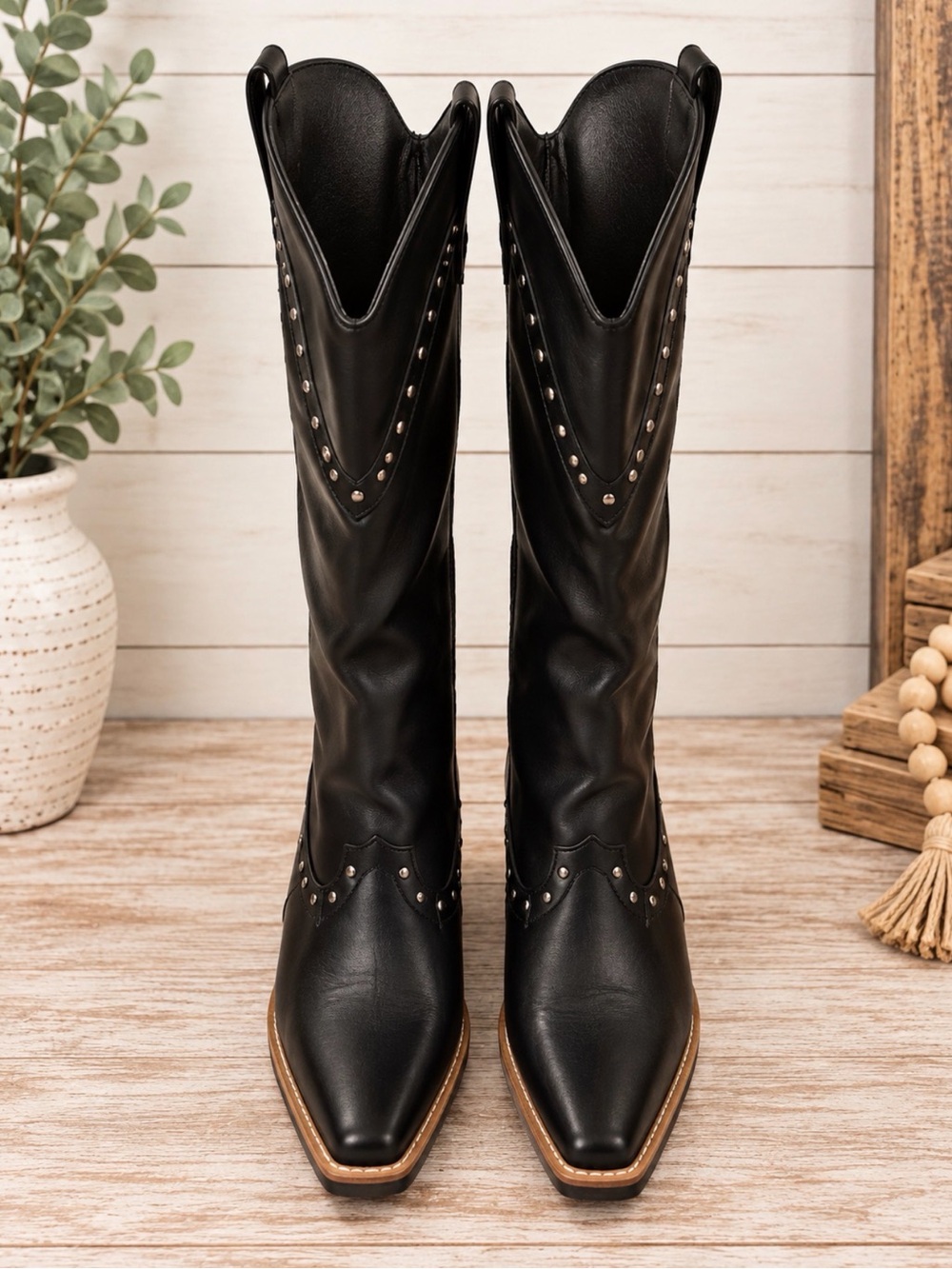 Women's Black Western Boots with Stud Detailing